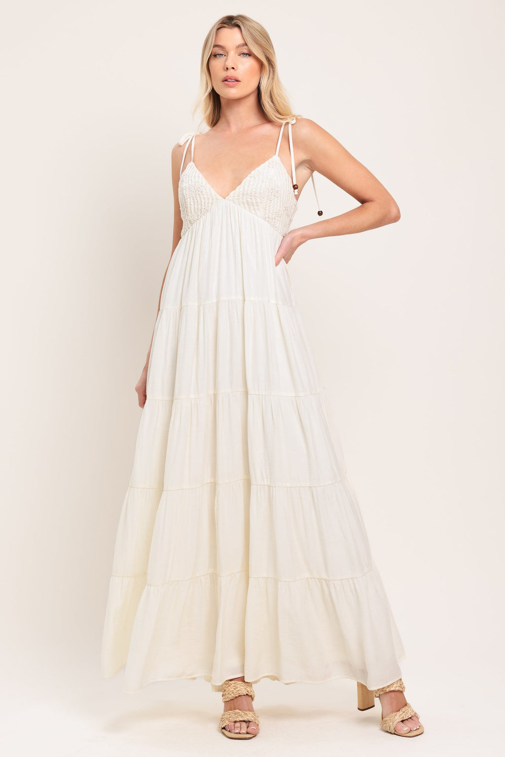 Azure Reverie Woven Maxi Dress - close up of lace bodice detail