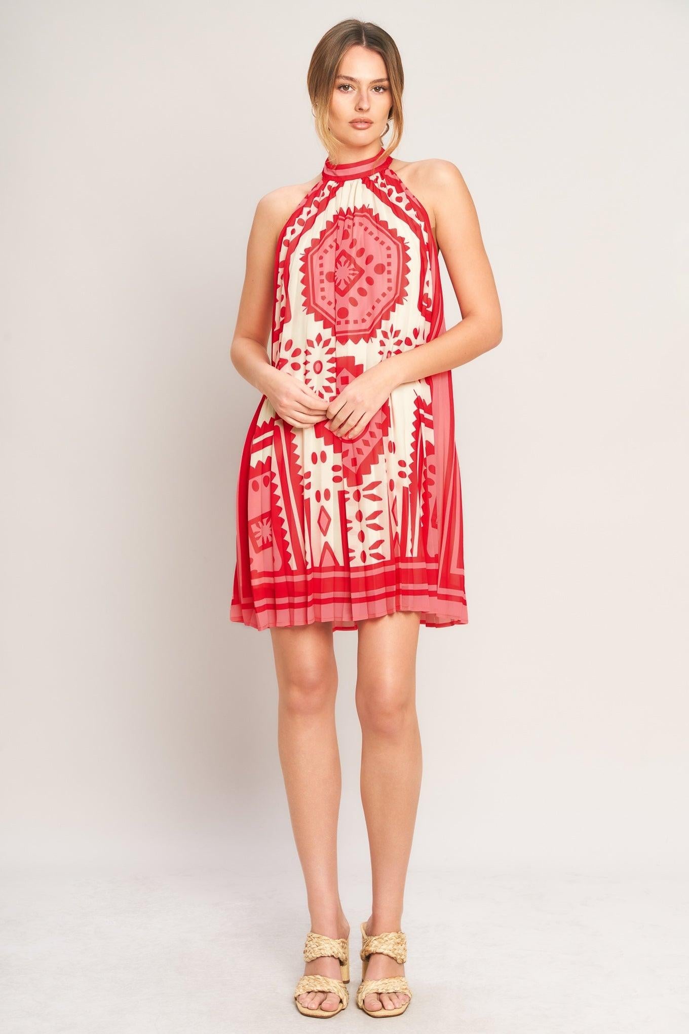 Sunset Medallion Woven Mini Dress in Pink - back view showing button closure
