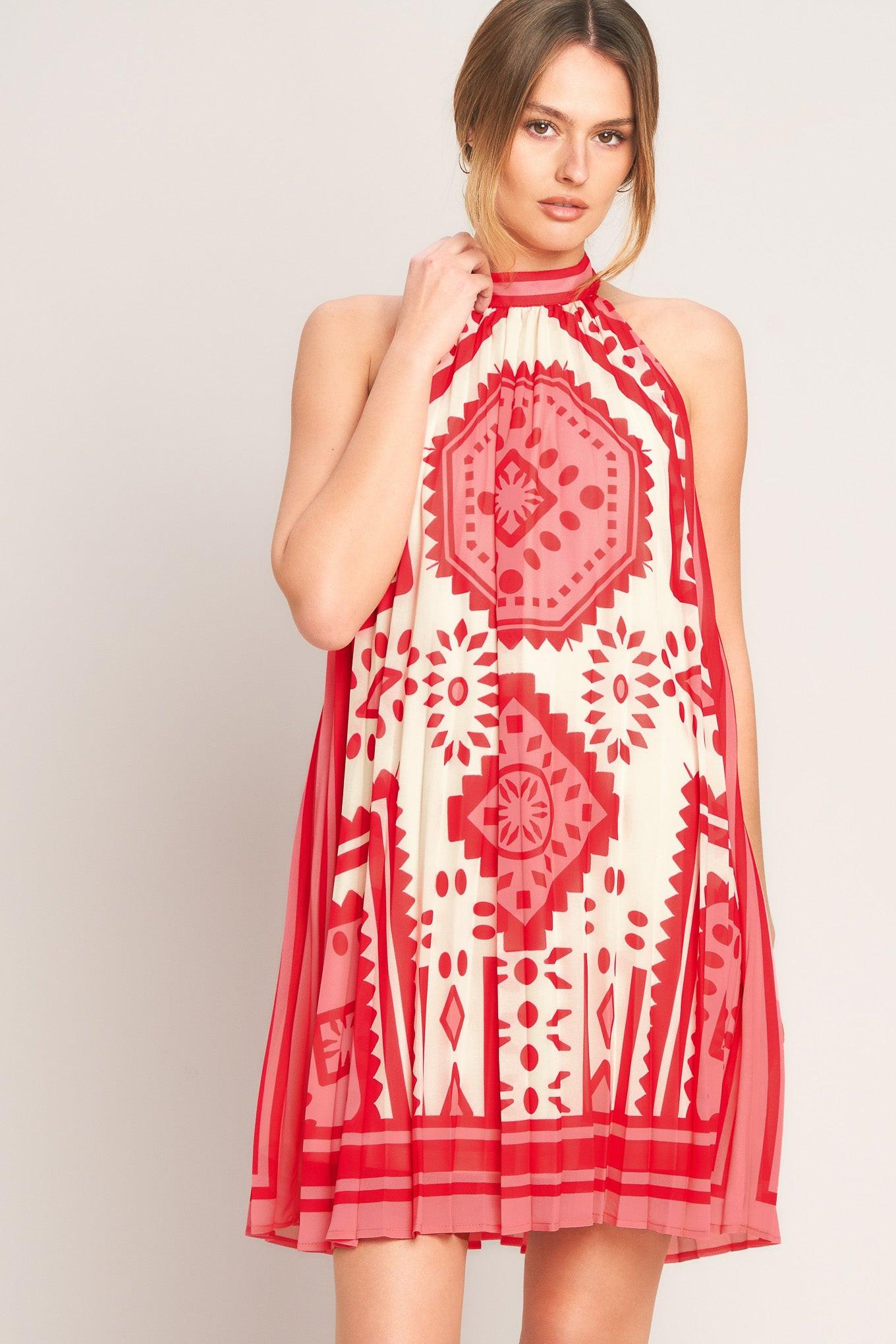 Sunset Medallion Woven Mini Dress in Pink - side view showing pleated silhouette