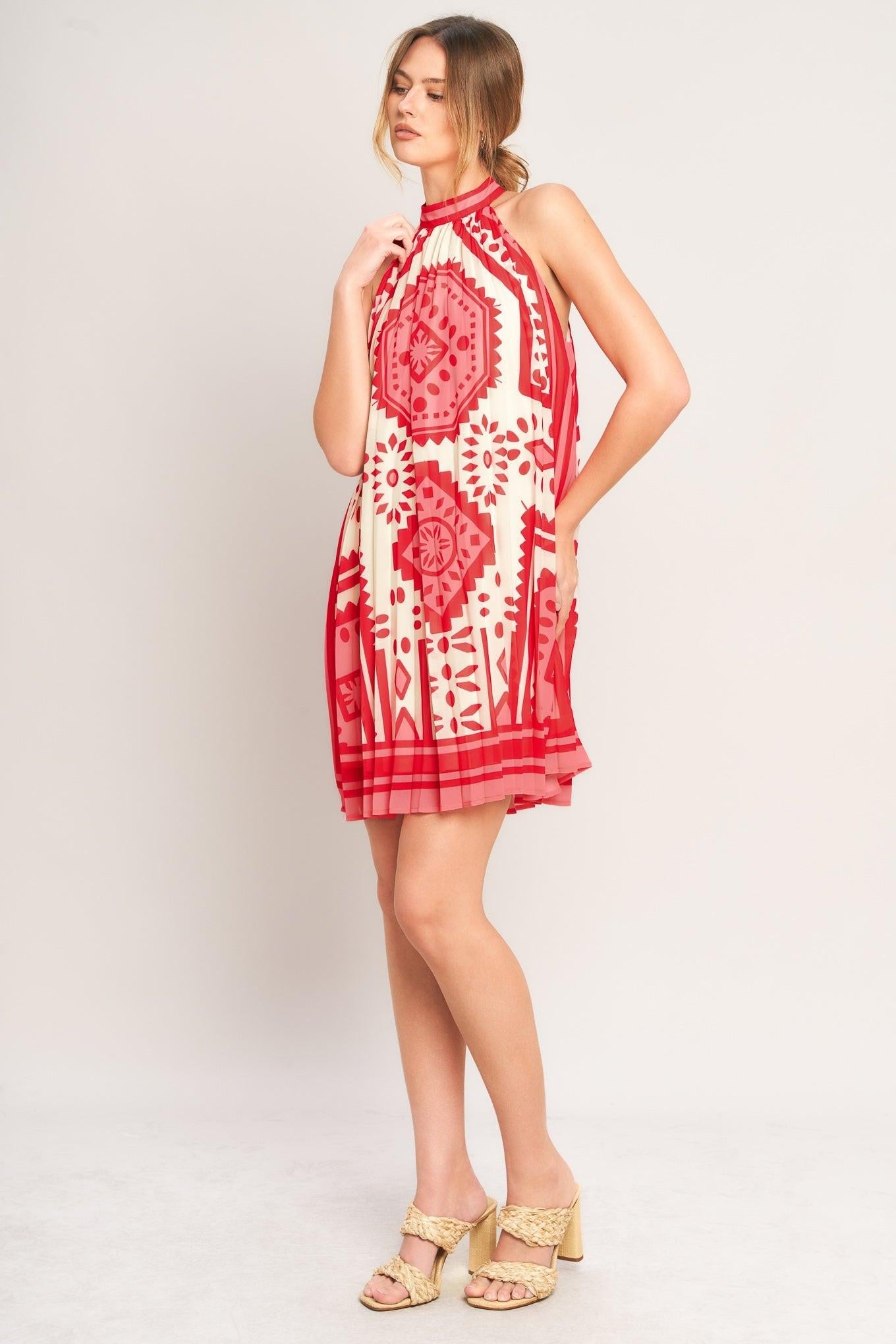 Sunset Medallion Woven Mini Dress in Pink - close up of medallion print