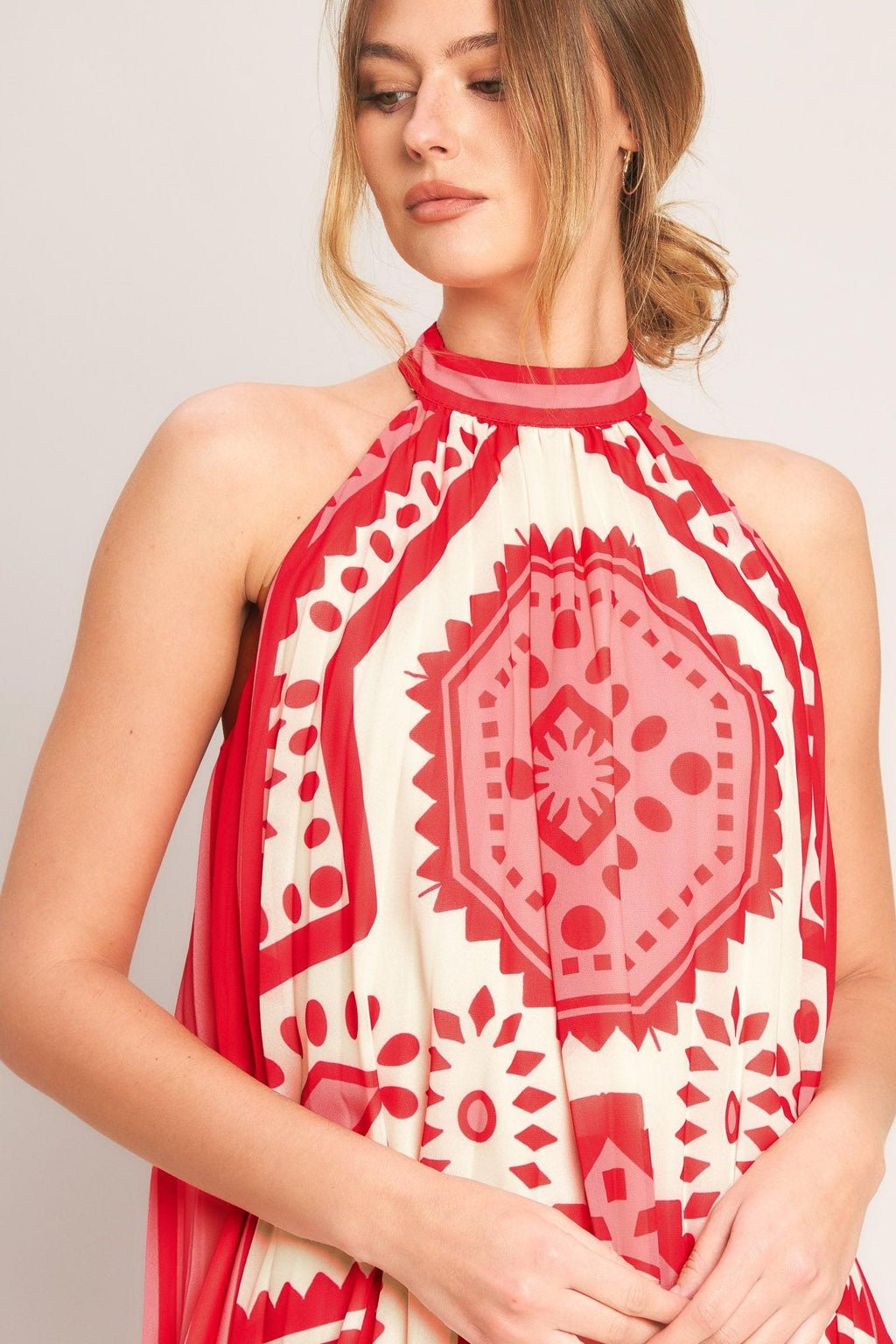 Sunset Medallion Woven Mini Dress in Pink - styled outfit view