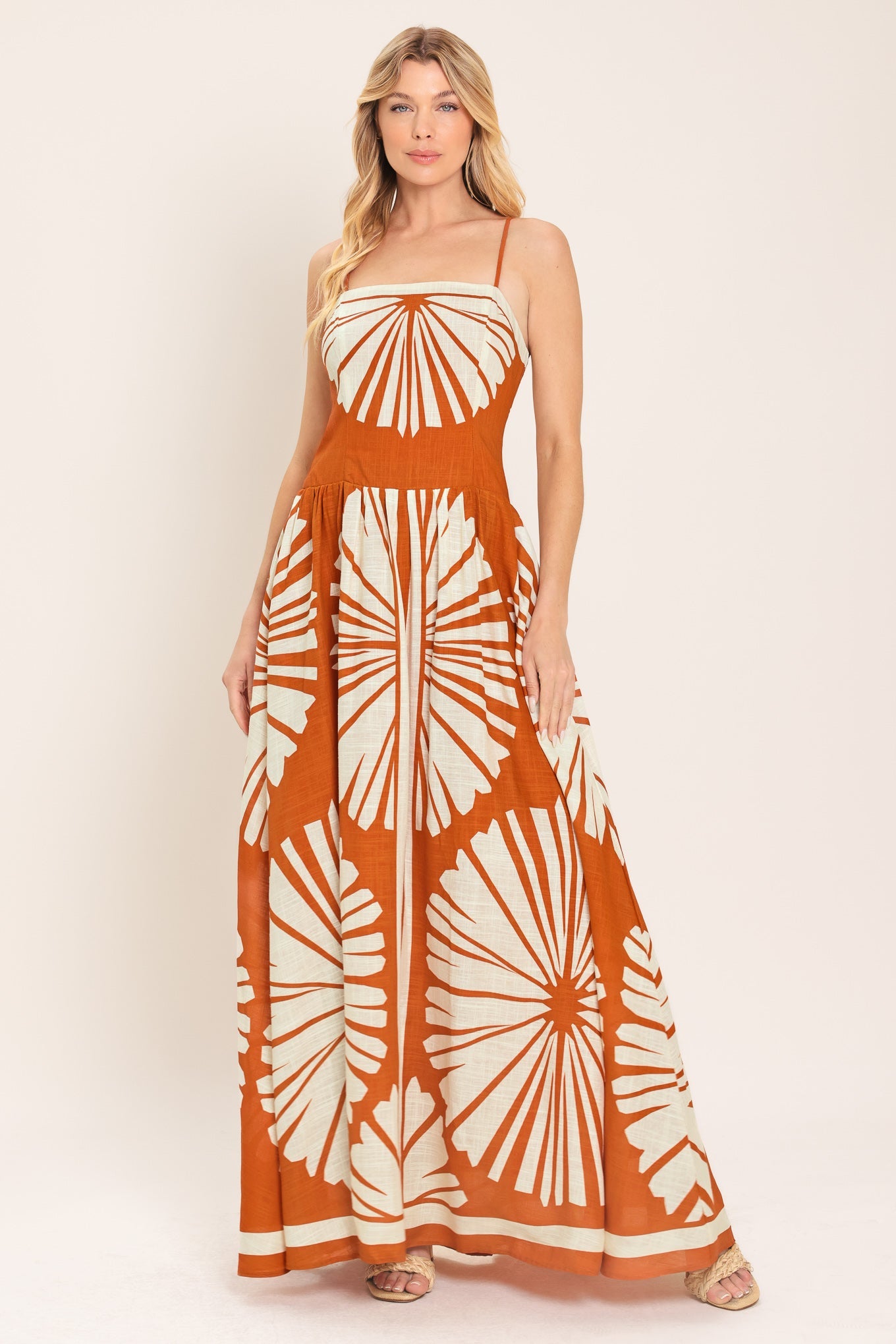 Saffron Shores Woven Maxi Dress in Almond - back view showing open back detail