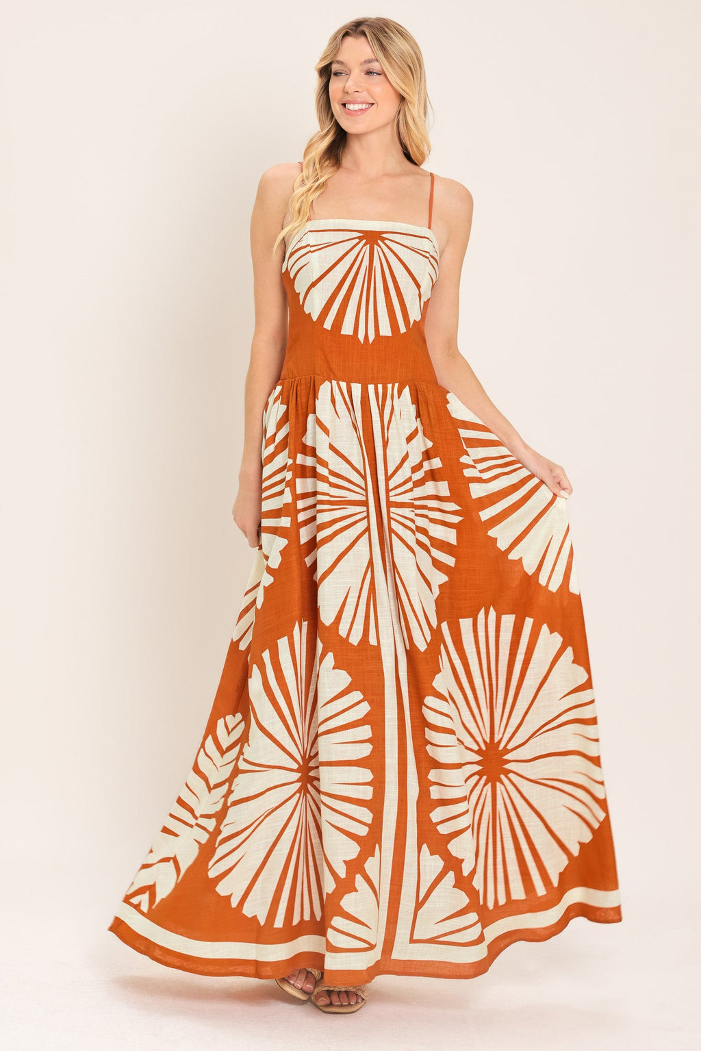 Saffron Shores Woven Maxi Dress - side view showing flowing maxi silhouette