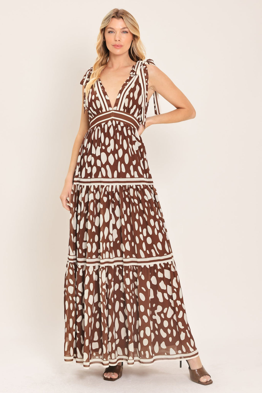 Spiced Terrain Woven Maxi Dress in Brown - front view showing V-neck and shoulder ties