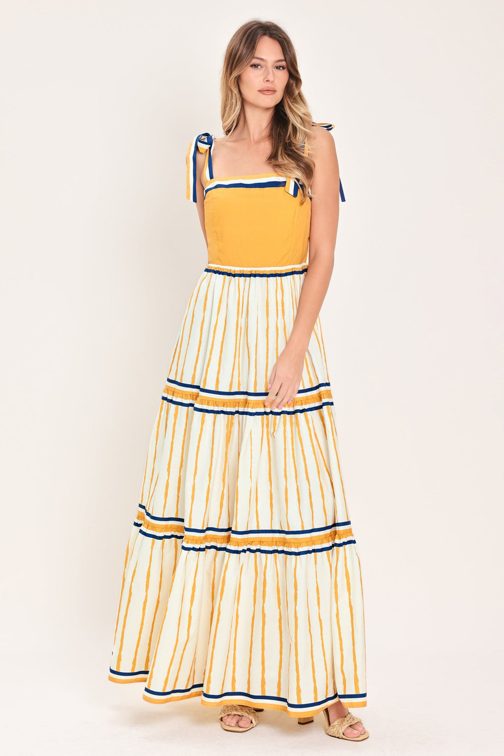 Amalfi Sunkissed Woven Maxi Dress in Camel Stripe - front view showing straight neckline