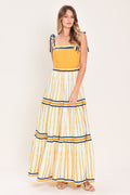 Amalfi Sunkissed Woven Maxi Dress in Camel Stripe - front view showing straight neckline