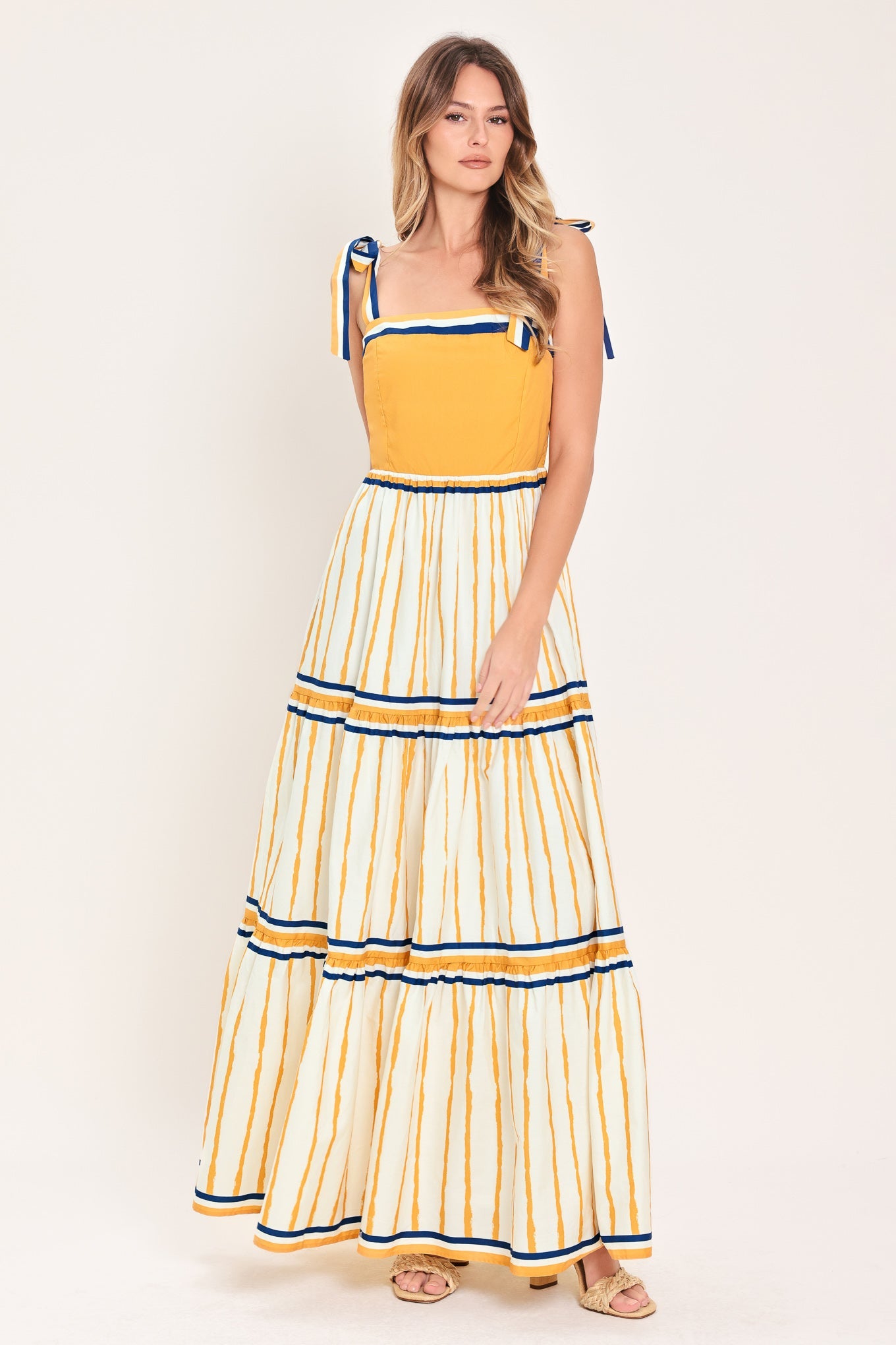 Amalfi Sunkissed Woven Maxi Dress in Camel Stripe - front view showing straight neckline