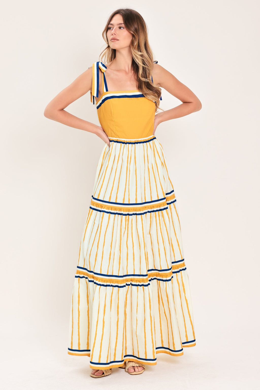 Amalfi Sunkissed Woven Maxi Dress - side view showing camel stripe print and maxi length