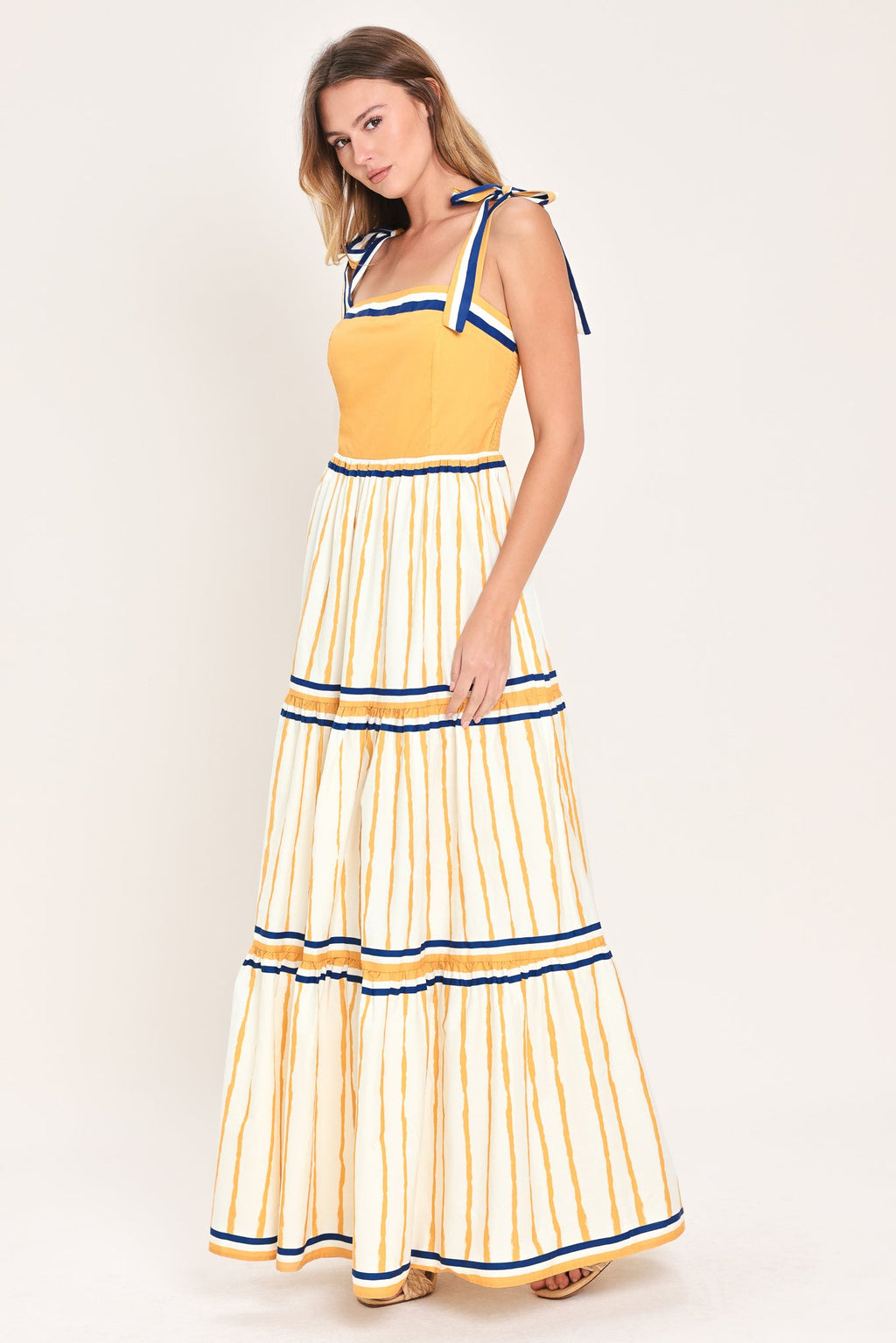 Amalfi Sunkissed Woven Maxi Dress - close up of camel stripe woven fabric