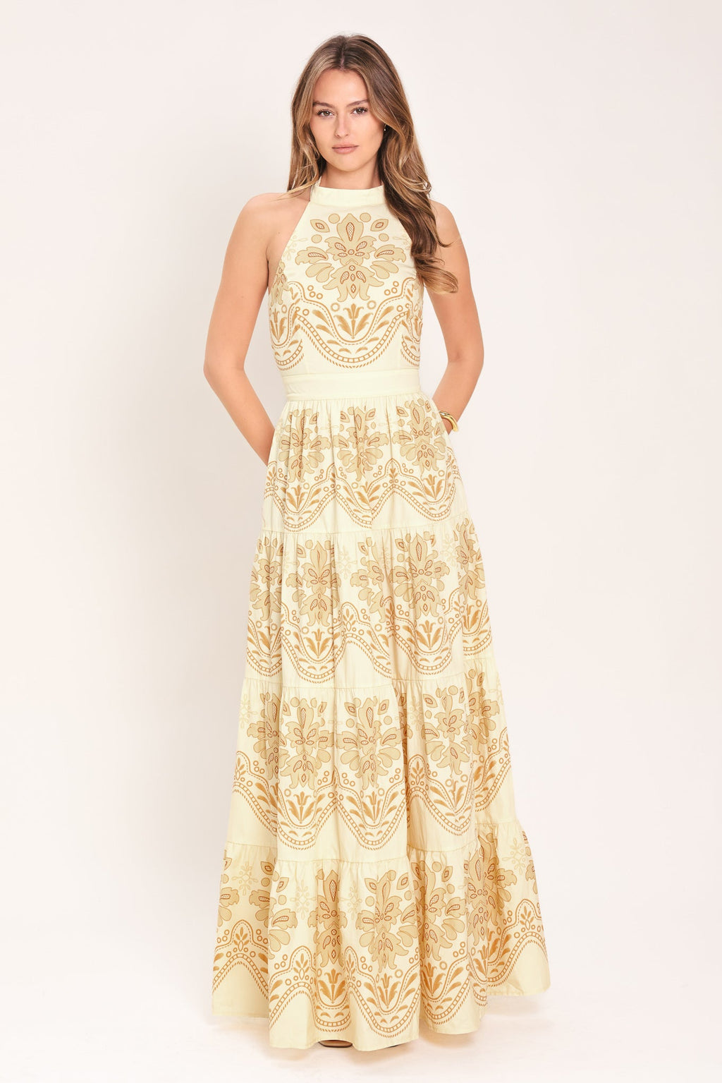 Sicilian Summer Woven Maxi Dress in Neutral - front view showing halter neckline