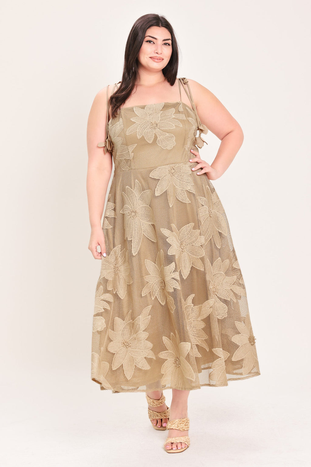 Floral Lace Applique Midi Dress in tan, plus size front view