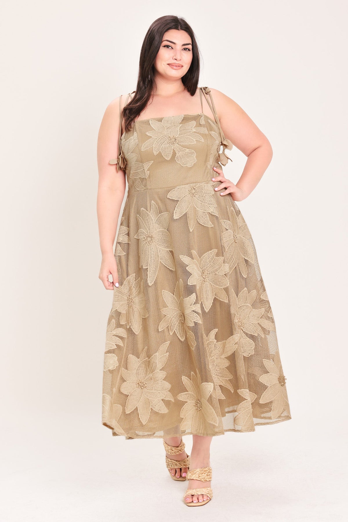 Floral Lace Applique Midi Dress in tan, plus size front view