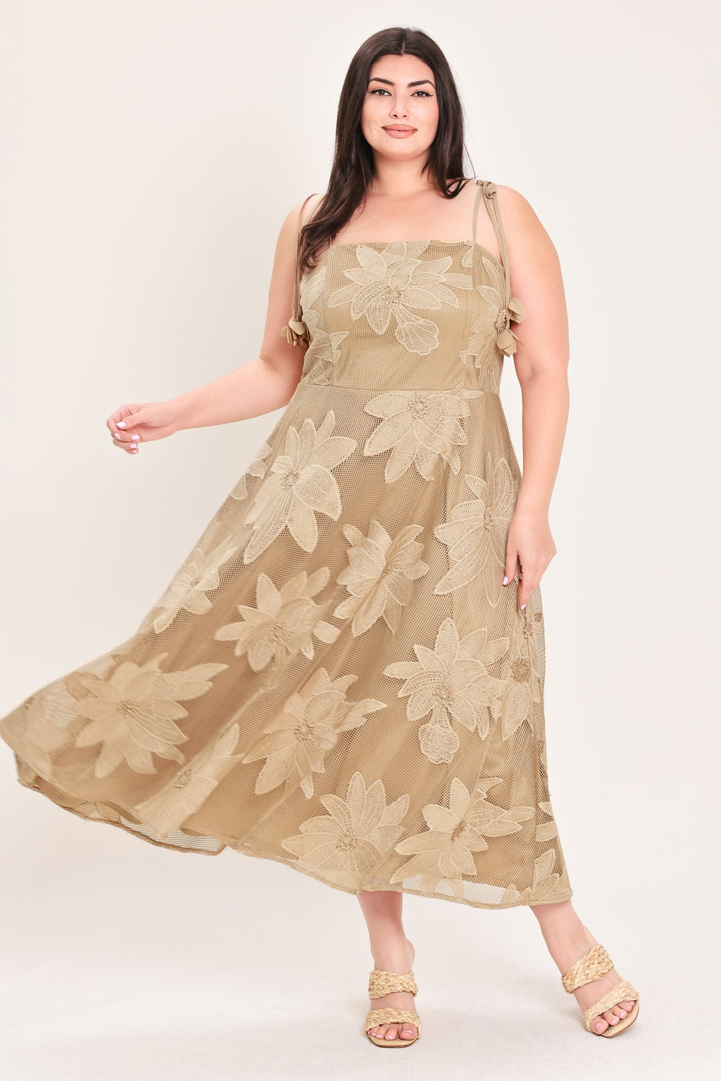 Floral Lace Applique Midi Dress in tan, plus size close-up