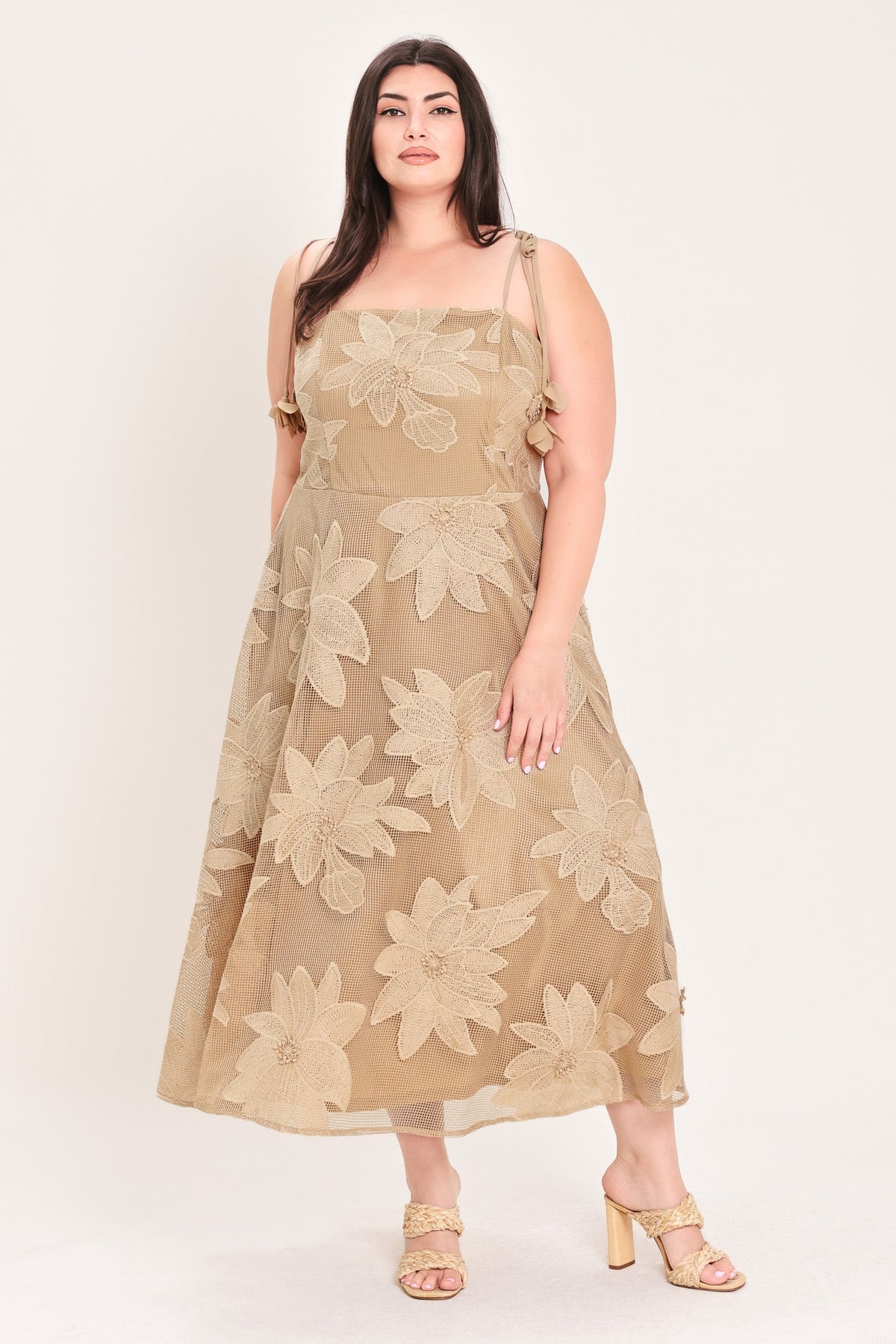 Floral Lace Applique Midi Dress in tan, plus size detail