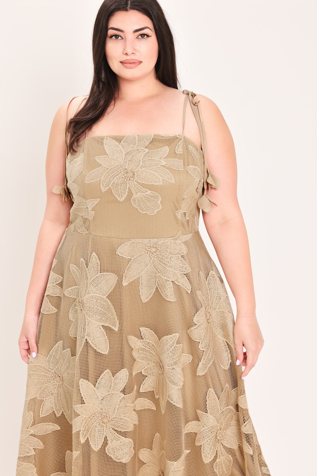Floral Lace Applique Midi Dress in tan, plus size side view
