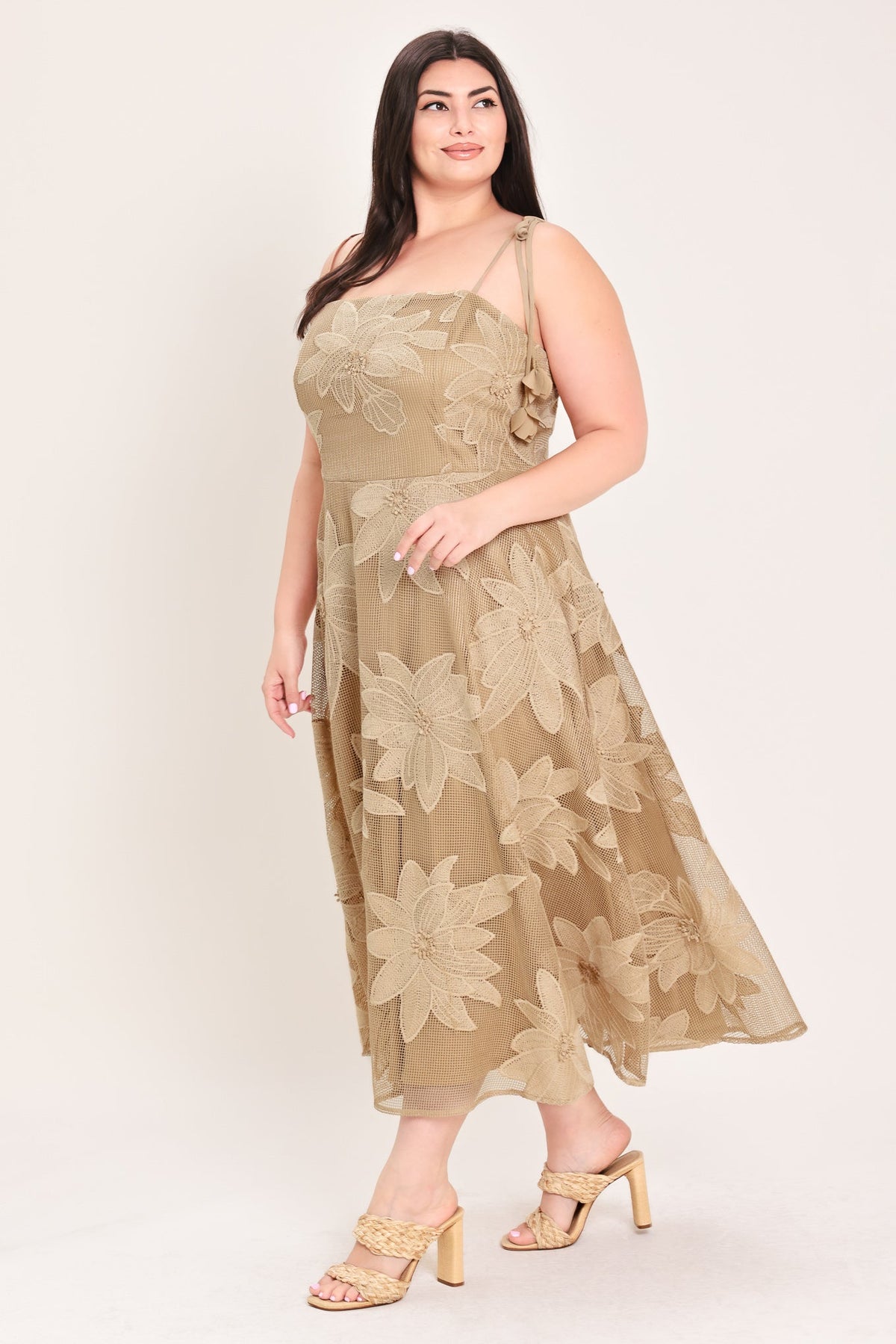 Floral Lace Applique Midi Dress in tan, plus size worn