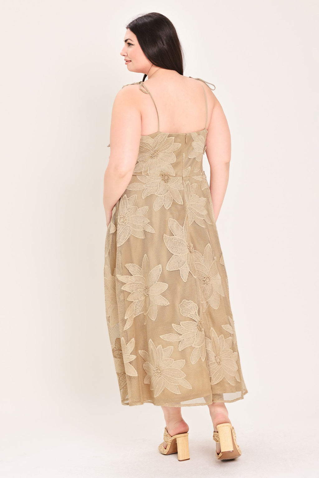 Floral Lace Applique Midi Dress in tan, plus size alternate view