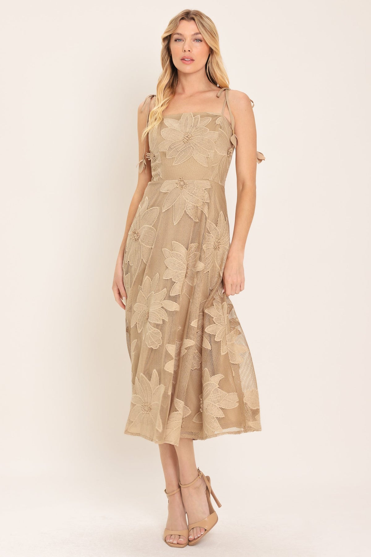 Floral Lace Applique Midi Dress in tan, front view alternate