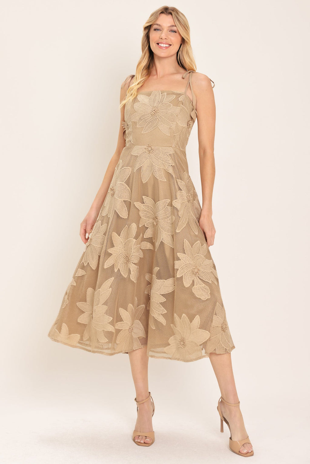 Floral Lace Applique Midi Dress in tan, shoulder tie detail