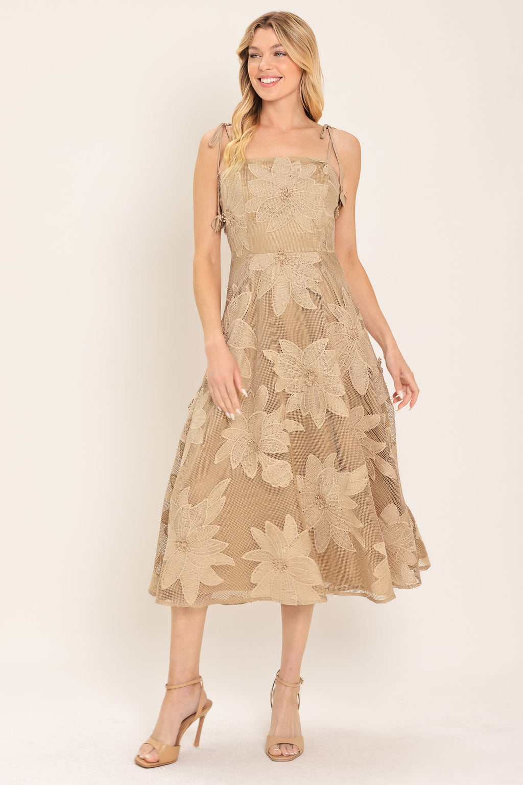 Floral Lace Applique Midi Dress in tan, lace detail