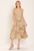 Floral Lace Applique Midi Dress in tan, lace detail