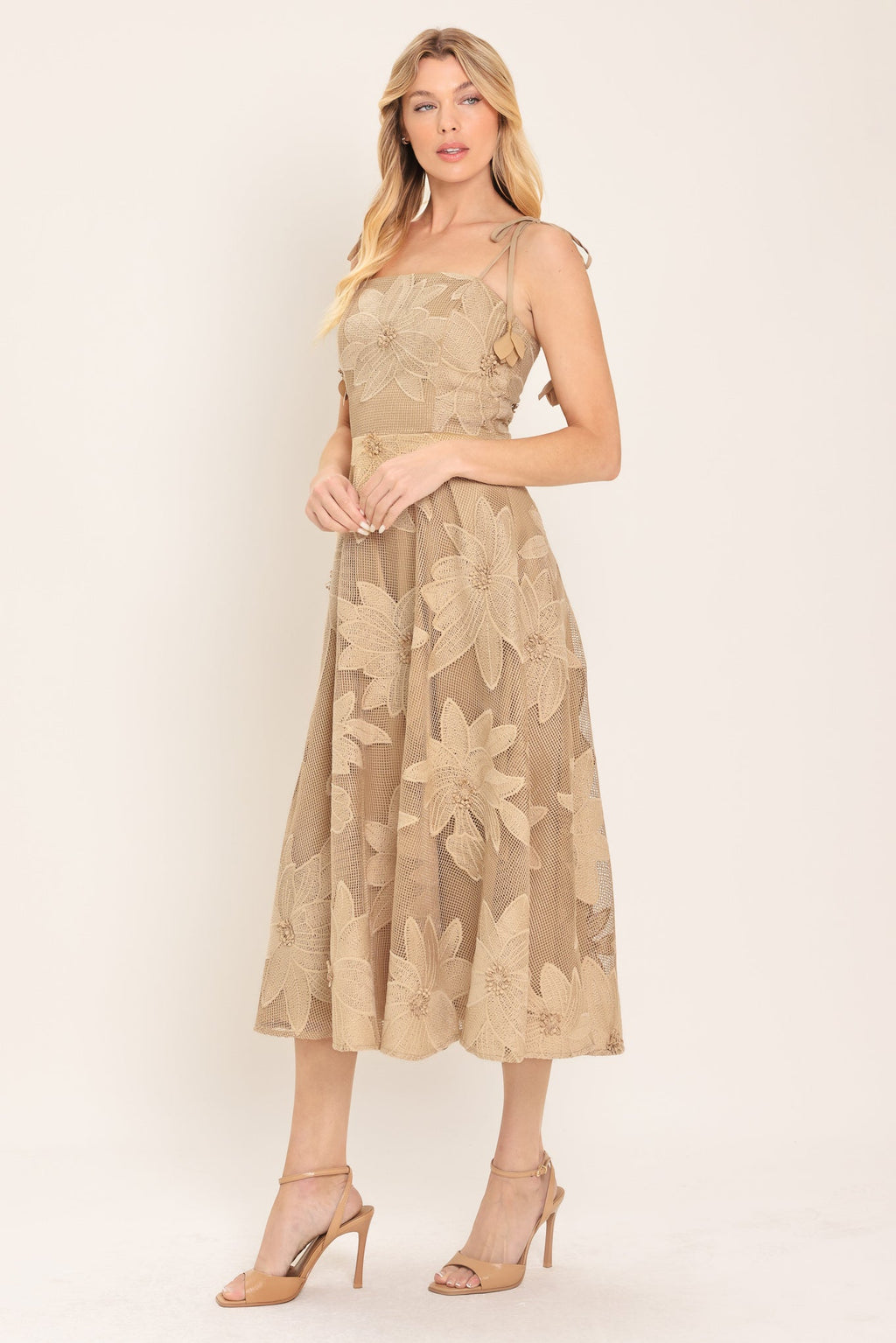 Floral Lace Applique Midi Dress in tan, detail