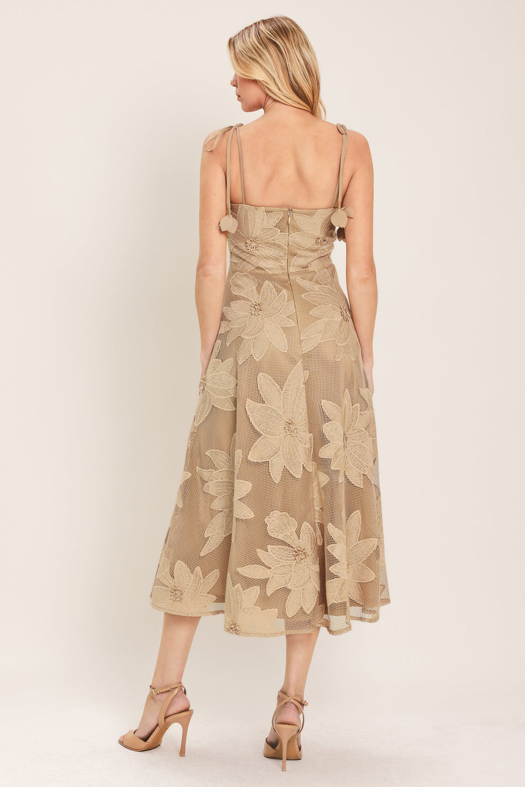 Floral Lace Applique Midi Dress in tan, side view