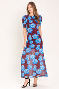 Royal Bloom Power Mesh Midi Dress in Wine floral print