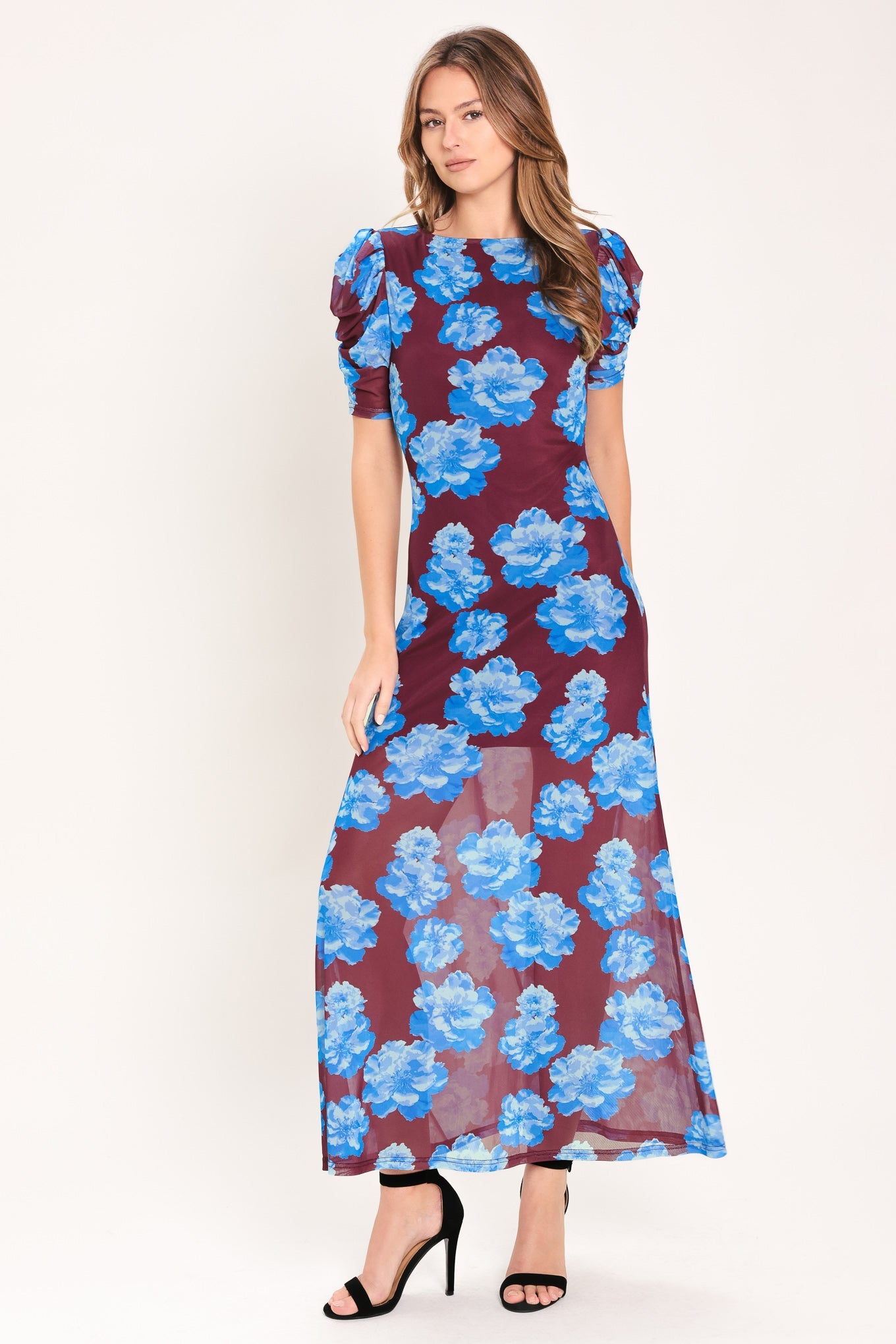 Royal Bloom Power Mesh Midi Dress in Wine floral print