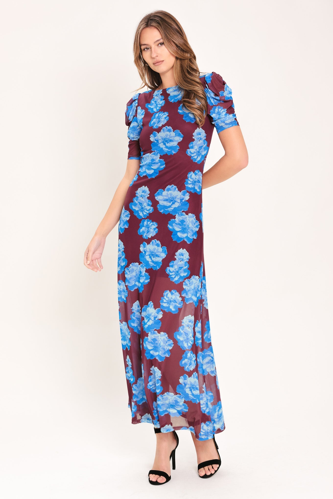 Royal Bloom Power Mesh Midi Dress in Wine floral print