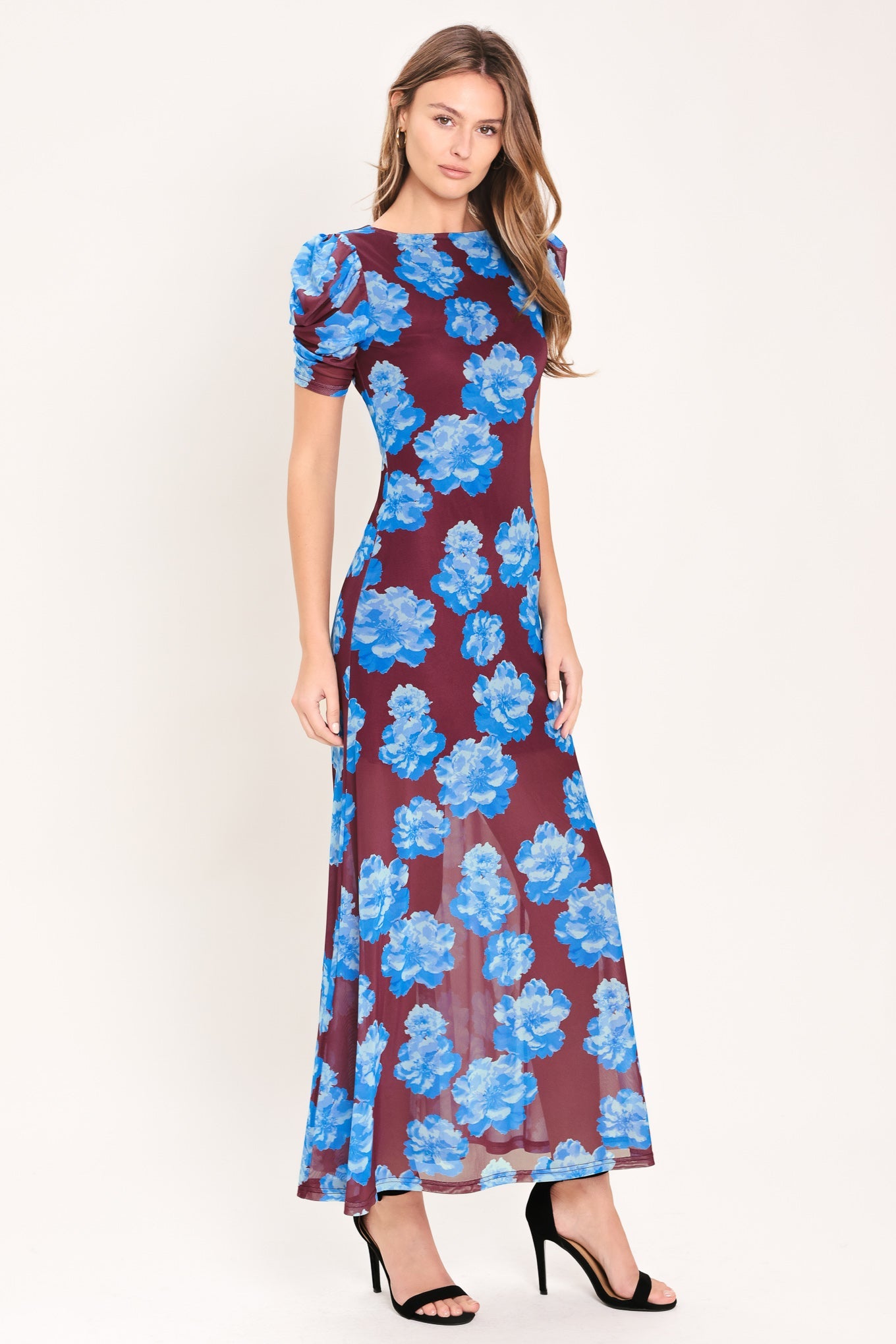 Royal Bloom Power Mesh Midi Dress, 95% polyester 5% spandex
