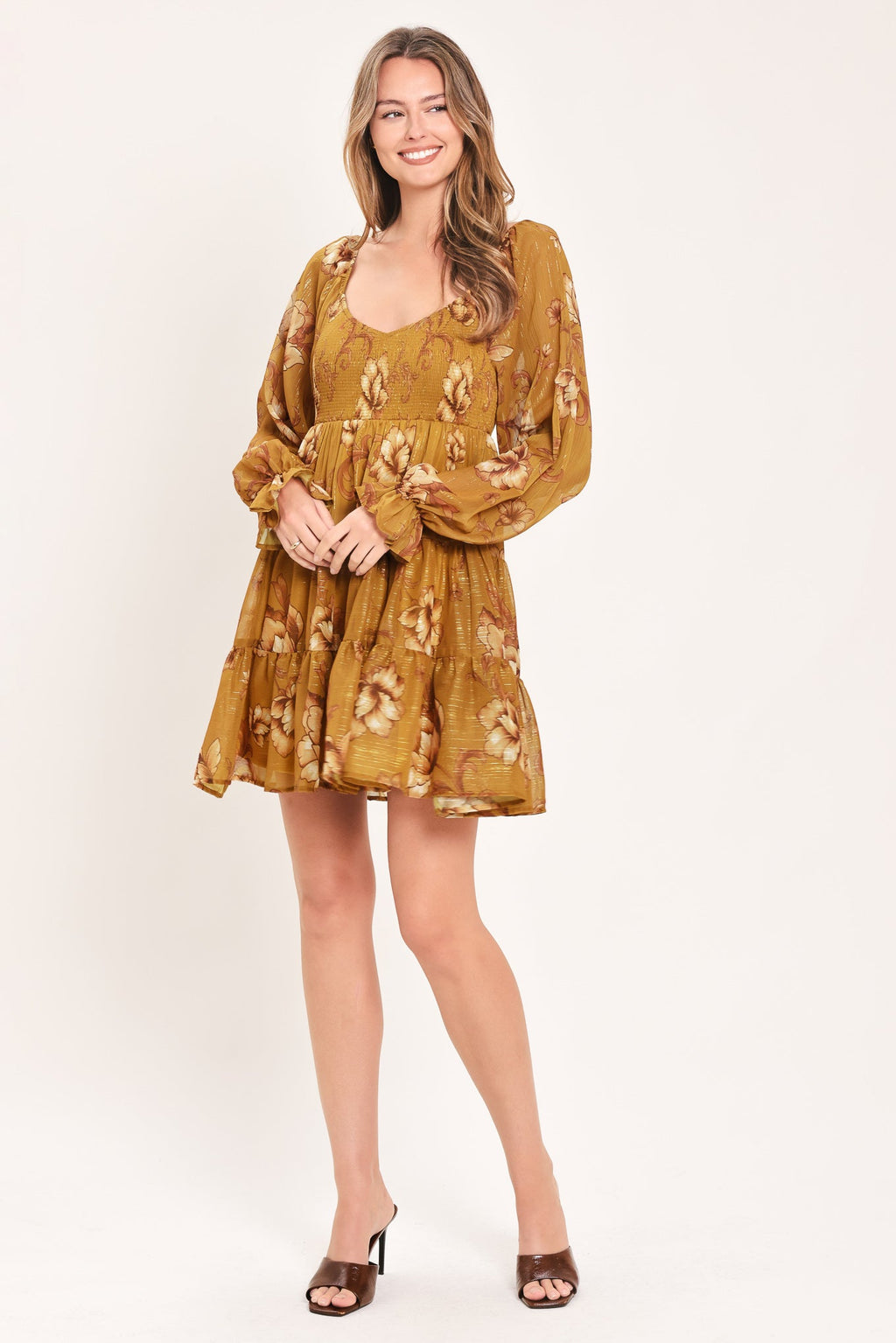 Saffron Garden mustard mini dress, back view