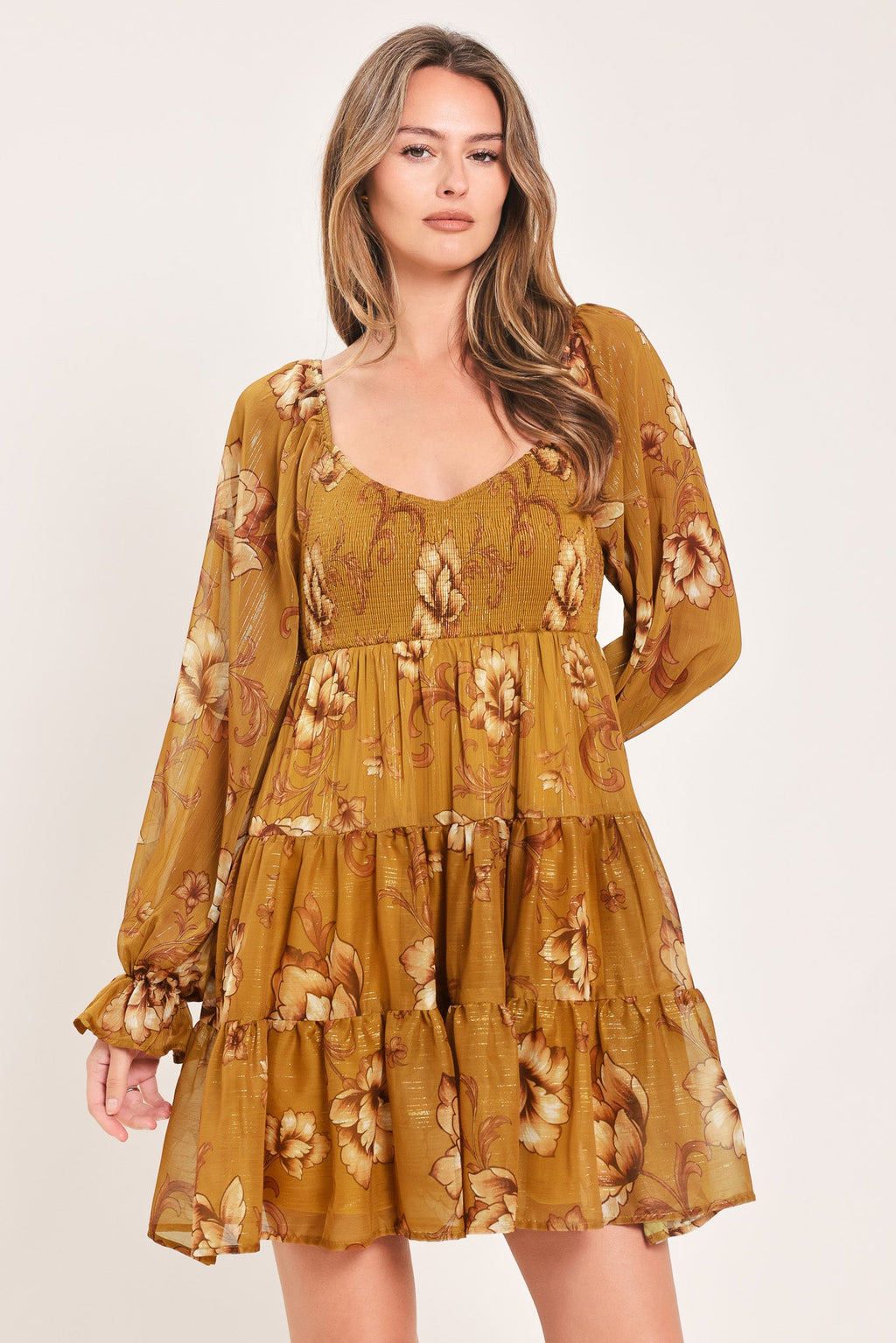 Saffron Garden mustard mini dress, side view