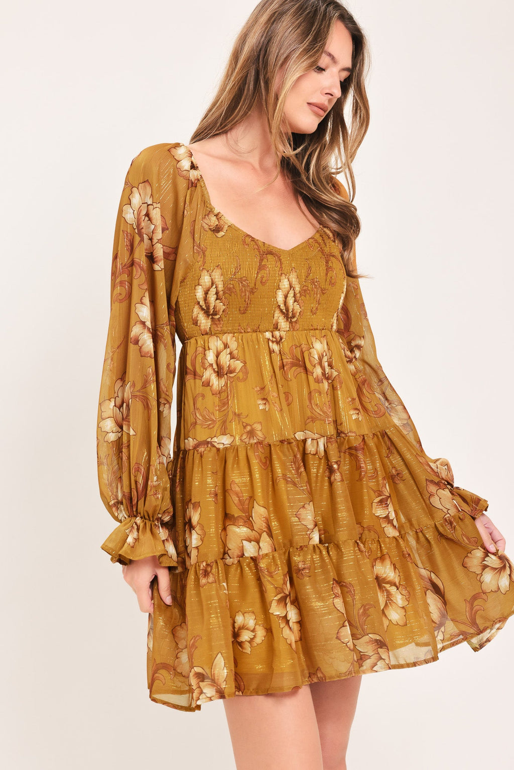Saffron Garden mustard floral mini dress with sweetheart neckline and ruffle cuffs, front view