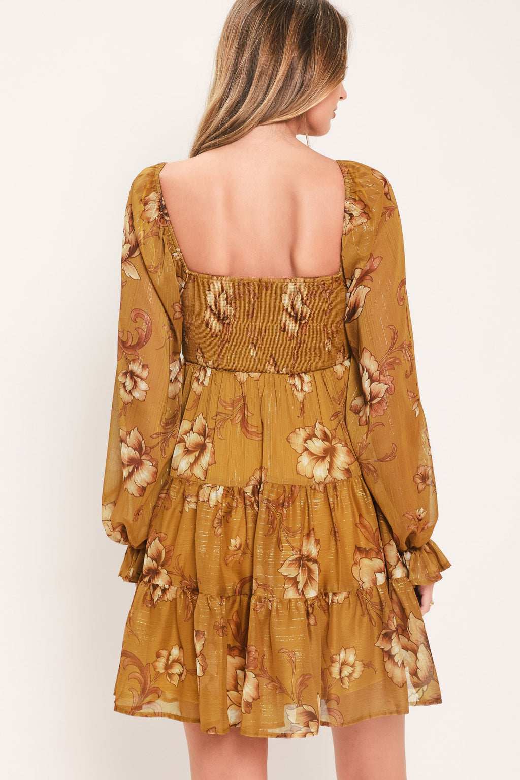 Saffron Garden mustard floral mini dress, view 6