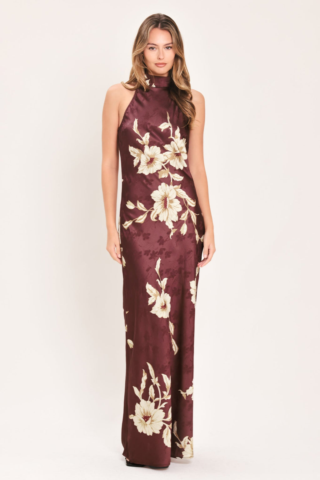 Bordeaux Ivory Bloom Maxi Dress in brown/ivory, worn
