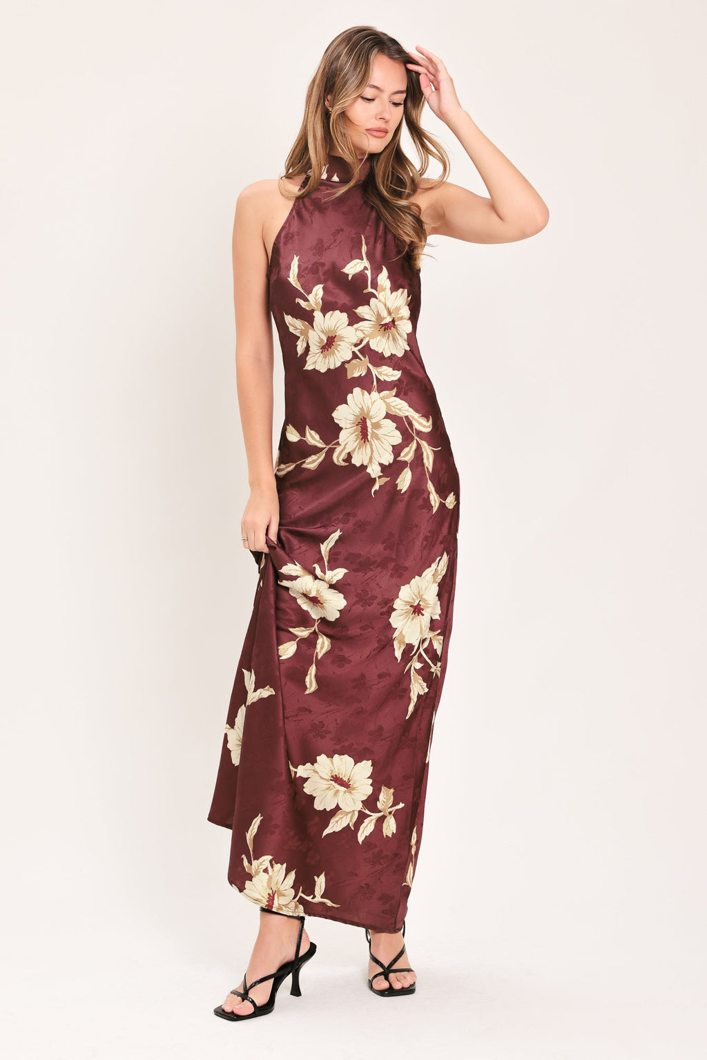 Bordeaux Ivory Bloom Maxi Dress in brown/ivory, close-up