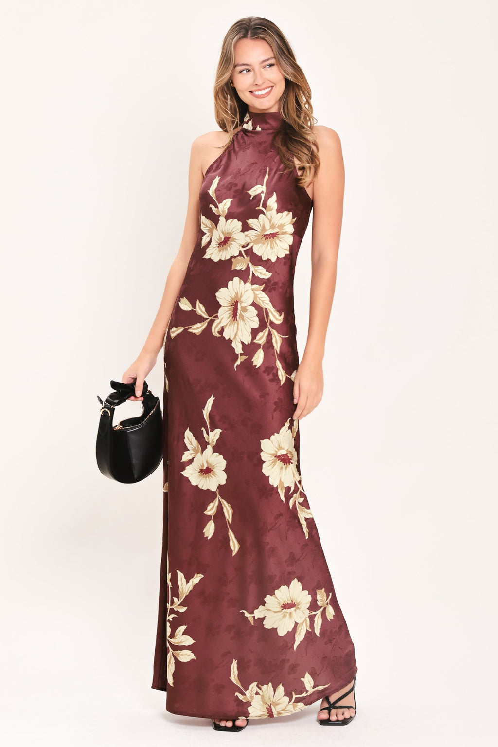 Bordeaux Ivory Bloom Maxi Dress in brown/ivory, front view