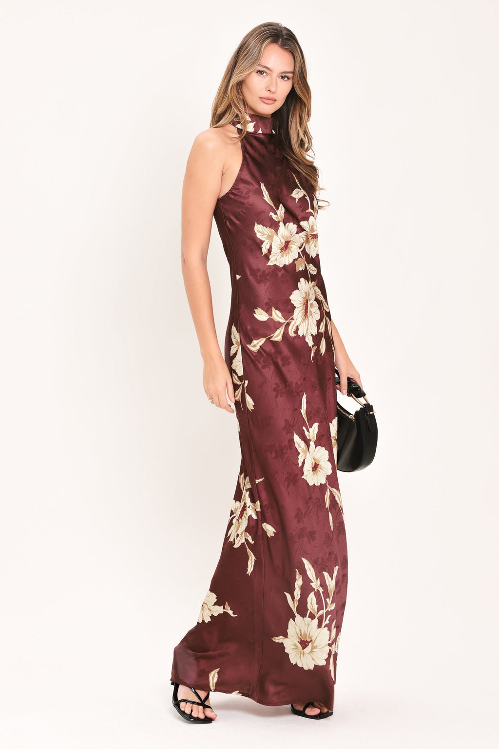 Bordeaux Ivory Bloom Maxi Dress in brown/ivory, side view