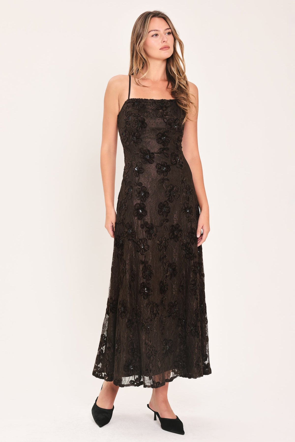 Golden Hour Brown Textured Strappy Dress front view