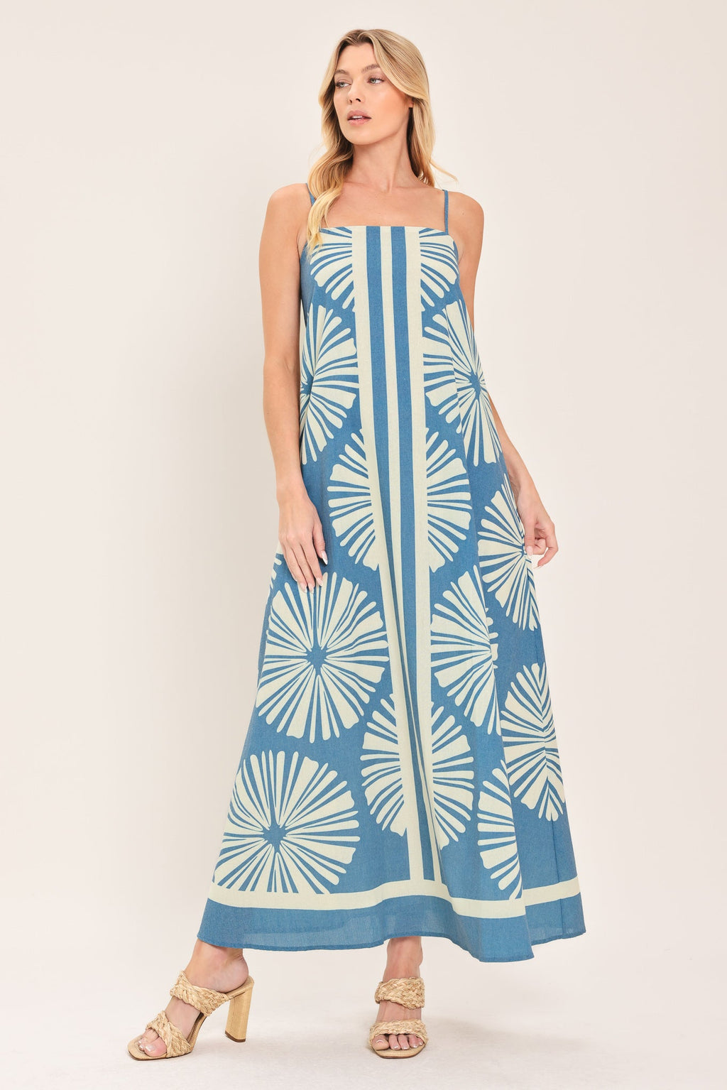 Blue Lagoon Dream Woven Maxi Dress in Washed Blue - front view showing straight neckline and adjustable straps