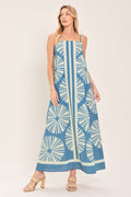 Blue Lagoon Dream Woven Maxi Dress in Washed Blue - front view showing straight neckline and adjustable straps