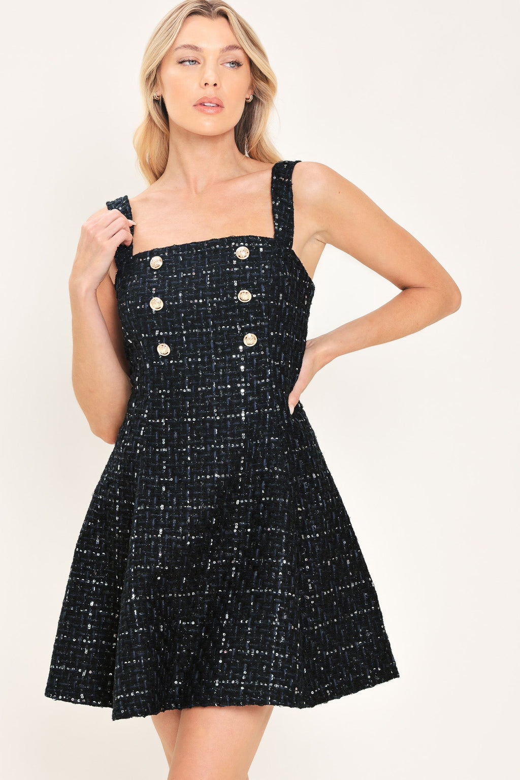 Navy Sequin Tweed Button Mini Dress in navy, back view