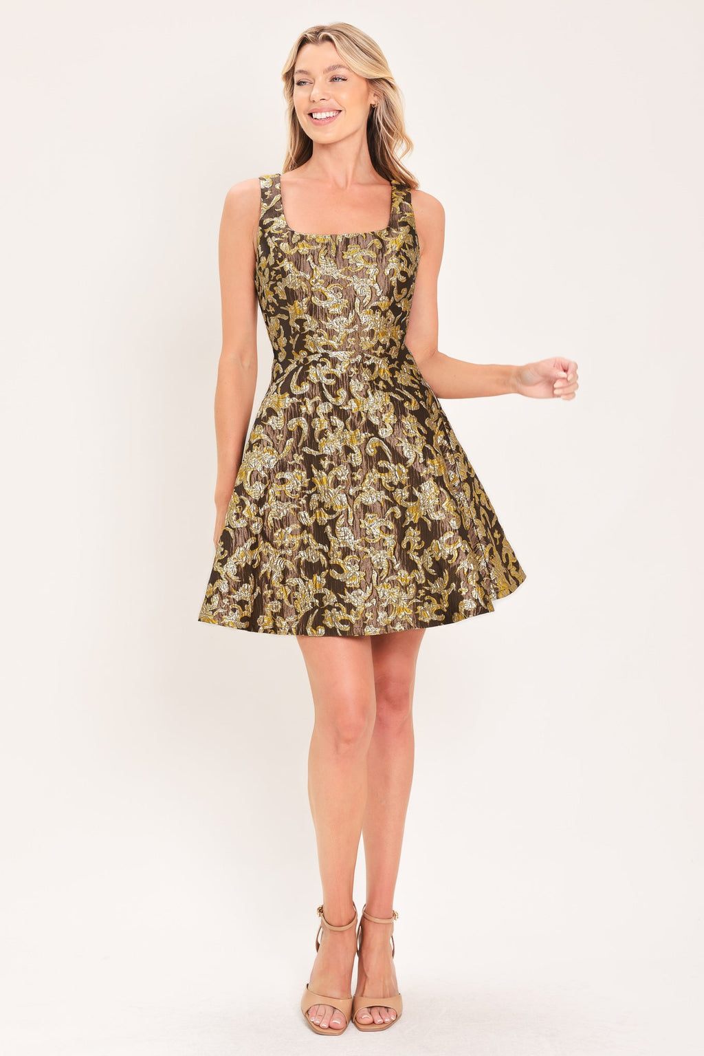 Antique Golden Swirl Mini Dress in brown gold, front view