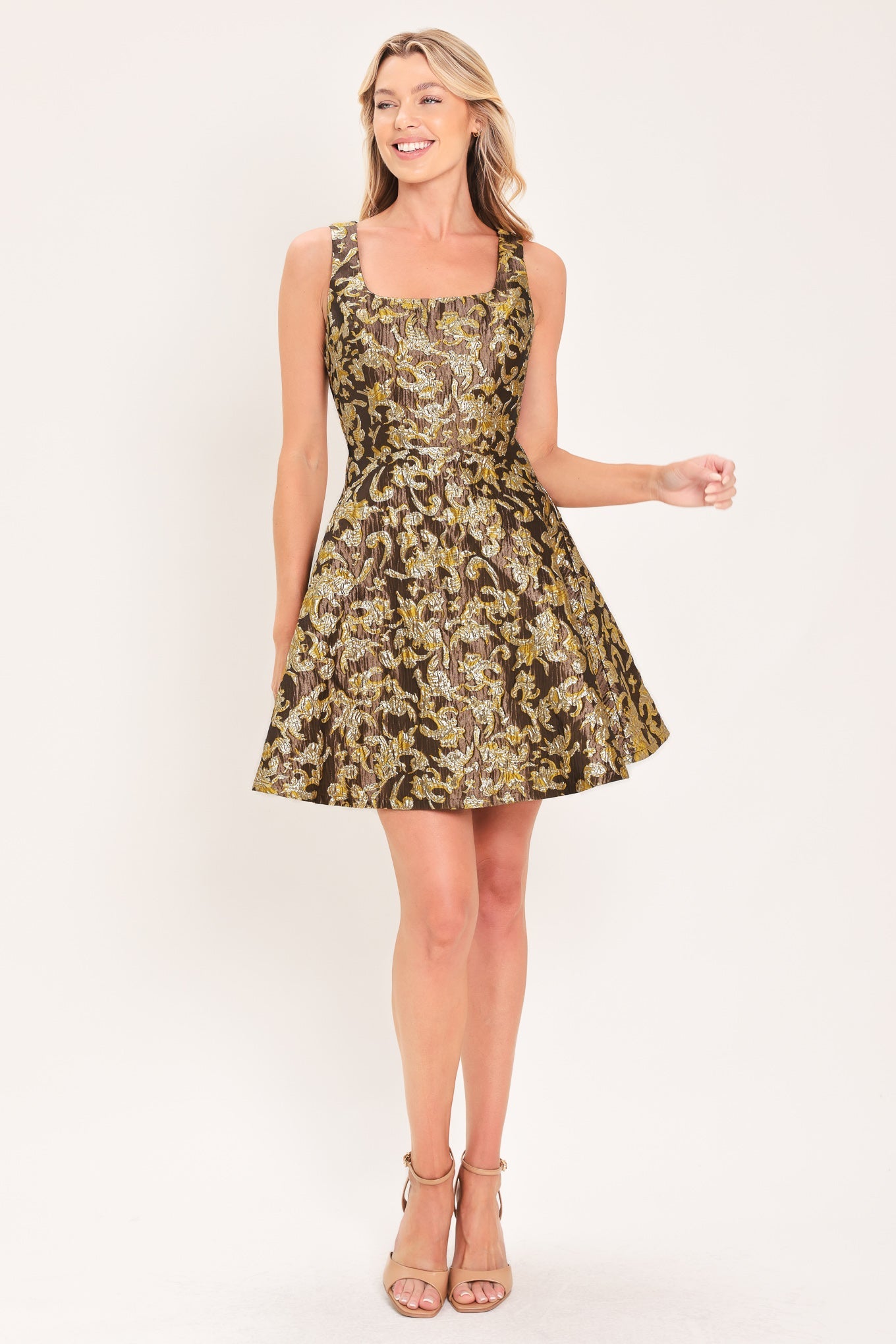 Antique Golden Swirl Mini Dress in brown gold, front view