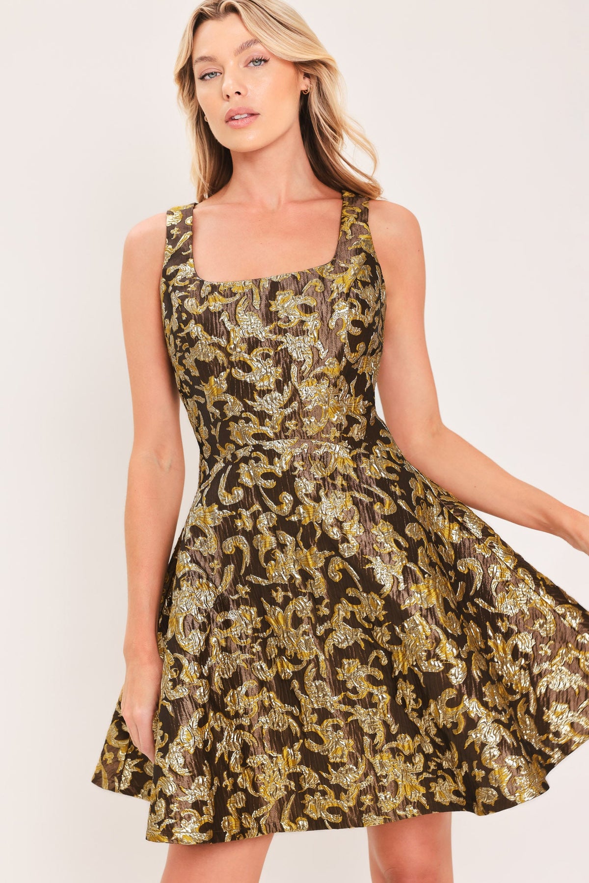Antique Golden Swirl Mini Dress in brown gold, side view