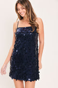 Navy Sequin Square Neck Shift Mini Dress in navy, front view