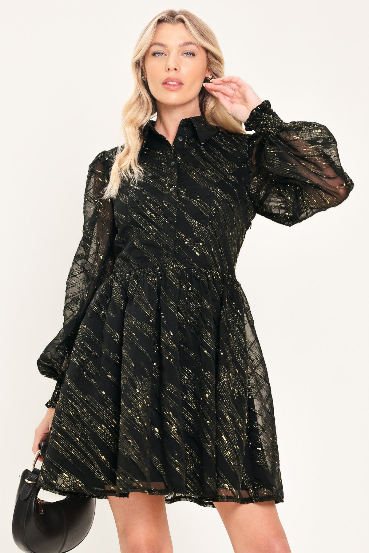 Black and gold metallic button-down mini dress - view 1