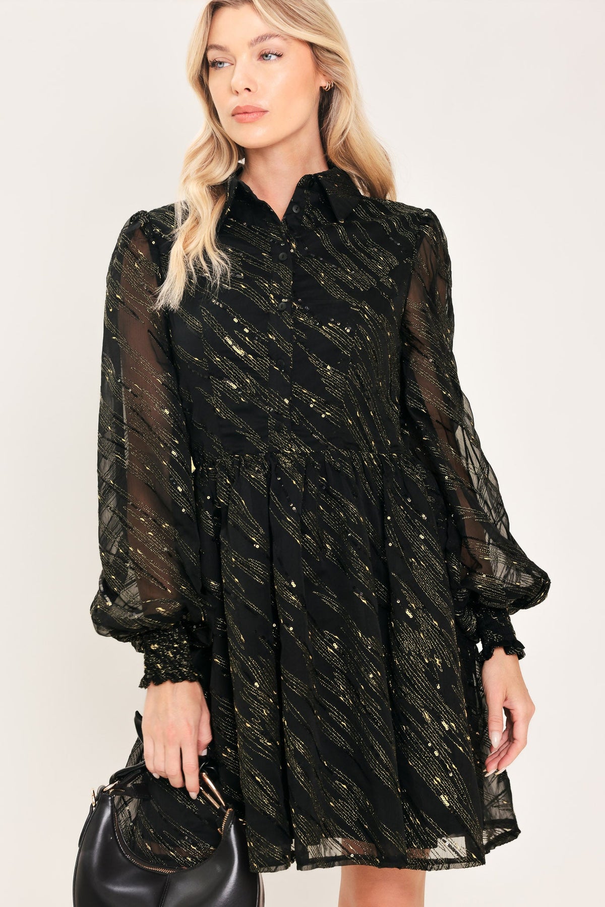 Black and gold metallic button-down mini dress - view 4