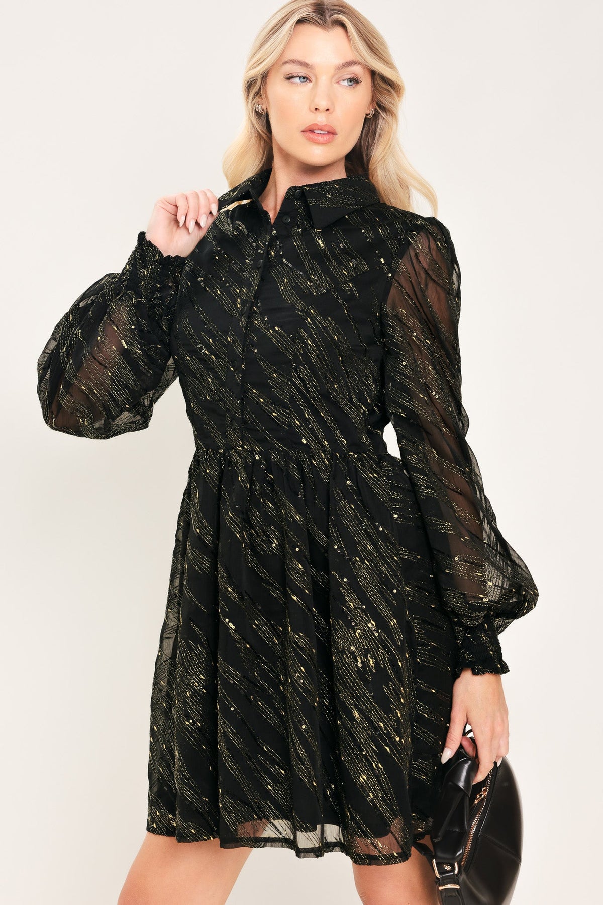 Black and gold metallic button-down mini dress - view 5